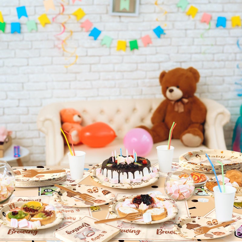 K1tpde Coffee Baby Shower Tableware - 192PCS A Baby Is Brewing Theme Party Tableware Set Included Paper Plates Napkins and Forks, Babies In Bloom Birthday Decorations for Pregnancy Party Supply, 48set - Image 4